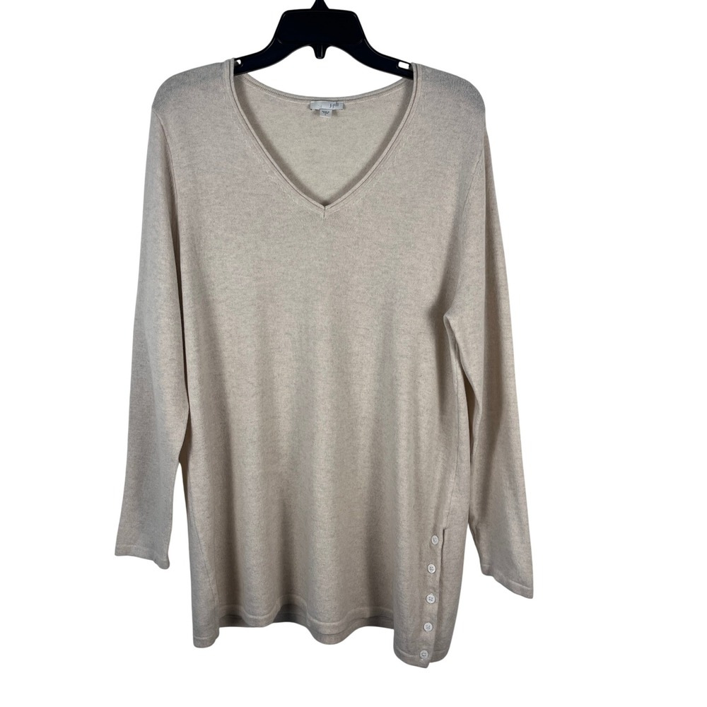 J. Jill Sweater Cashmere Wool Blend V Neck Women L Oatmeal Quiet Luxury